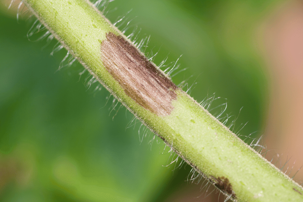 a plant stem with a brown spot on it